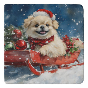 Pekingese Dog in Sledge Let it Snow Christmas Trivet