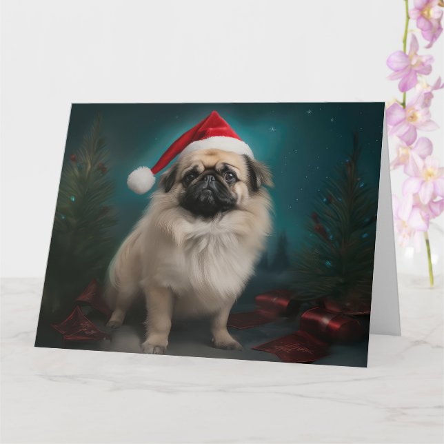 Pekingese Dog in Snow Christmas Card (Orchid)