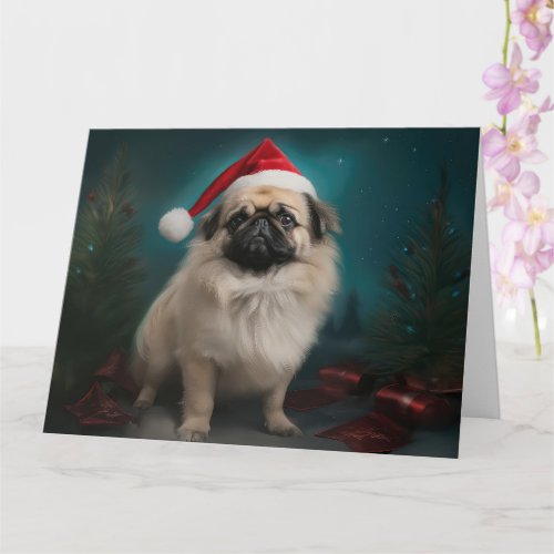 Pekingese Dog in Snow Christmas Card