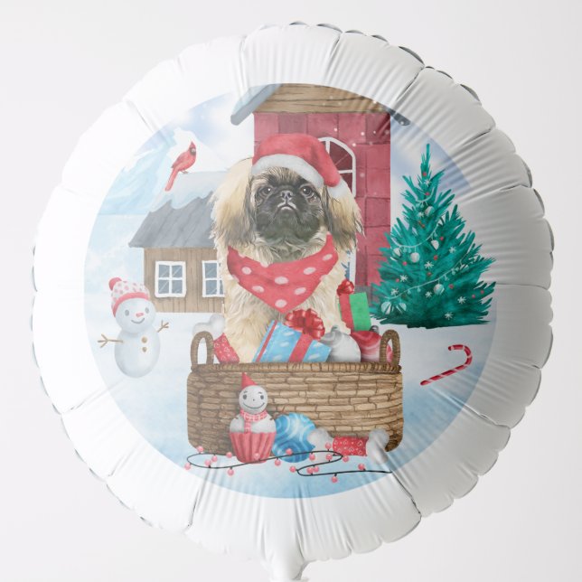 Pekingese Dog In snow Christmas Dog House Balloon (Front)