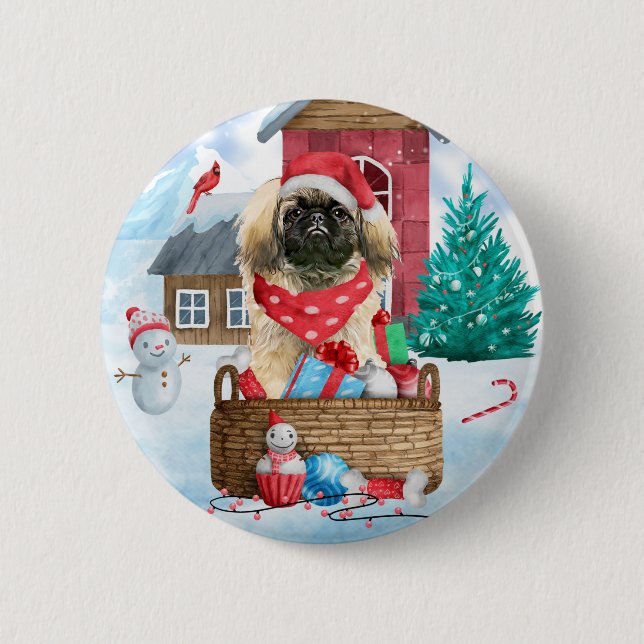 Pekingese Dog In snow Christmas Dog House  Button (Front)