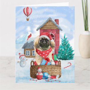 Pekingese Dog In snow Christmas Dog House Card