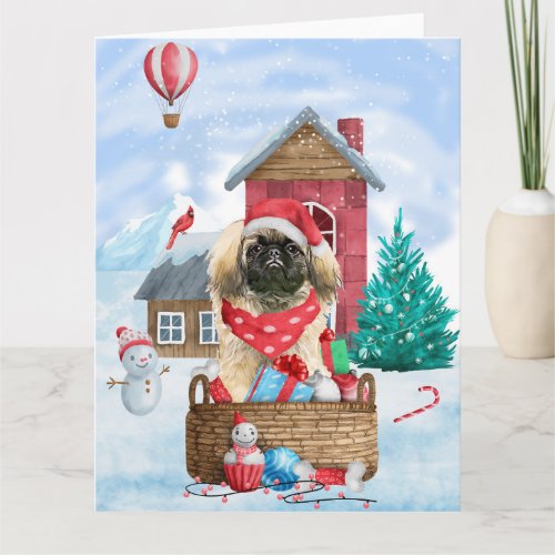 Pekingese Dog In snow Christmas Dog House Card