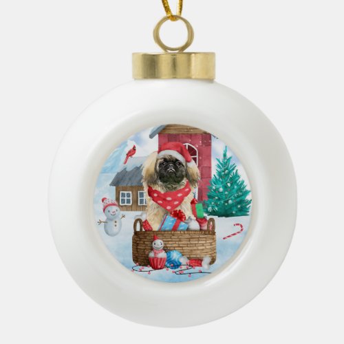 Pekingese Dog In snow Christmas Dog House Ceramic Ball Christmas Ornament