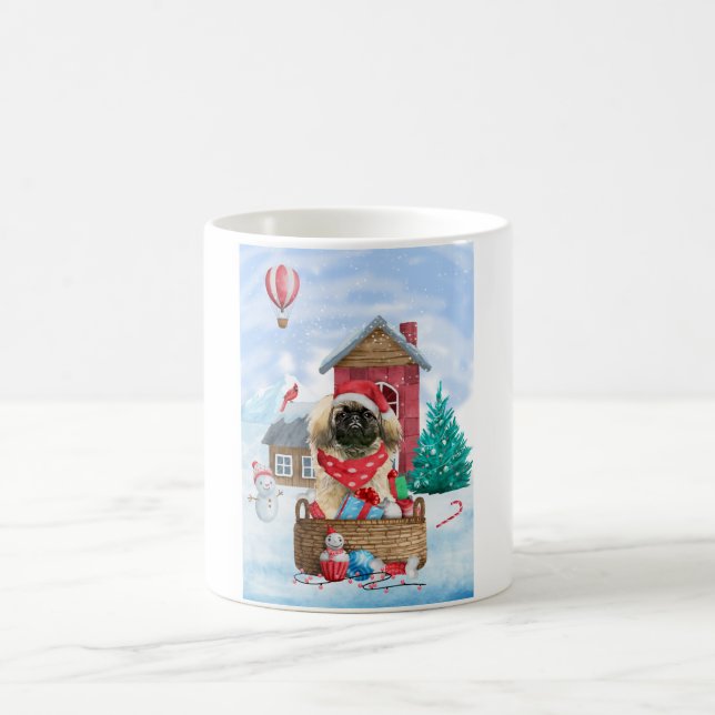 Pekingese Dog In snow Christmas Dog House Coffee Mug (Center)
