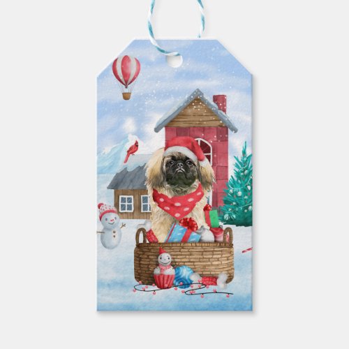 Pekingese Dog In snow Christmas Dog House Gift Tags