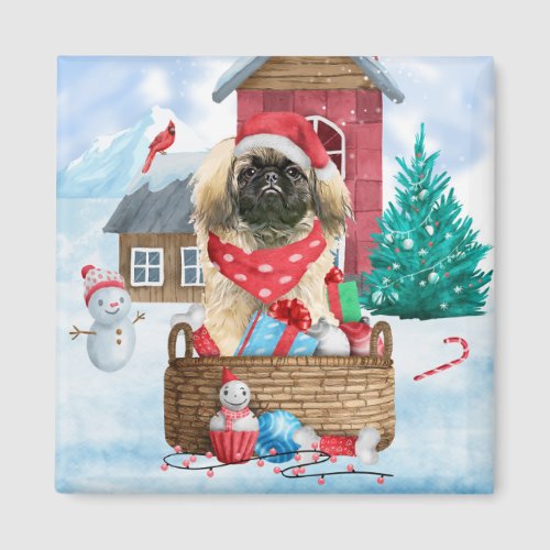 Pekingese Dog In snow Christmas Dog House Magnet