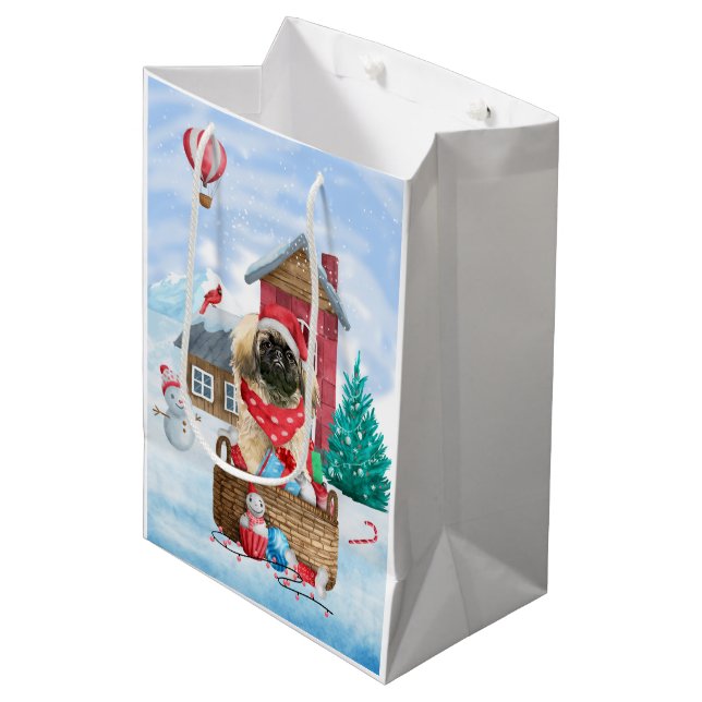Pekingese Dog In snow Christmas Dog House Medium Gift Bag (Front Angled)