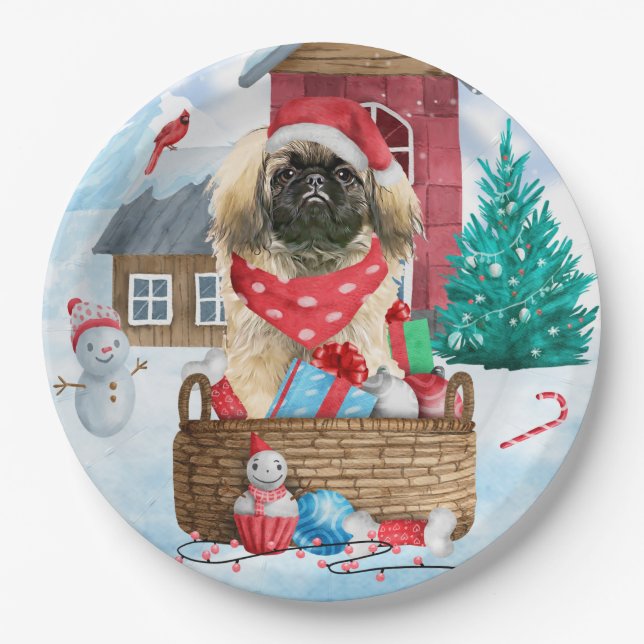 Pekingese Dog In snow Christmas Dog House  Paper Plates (Front)