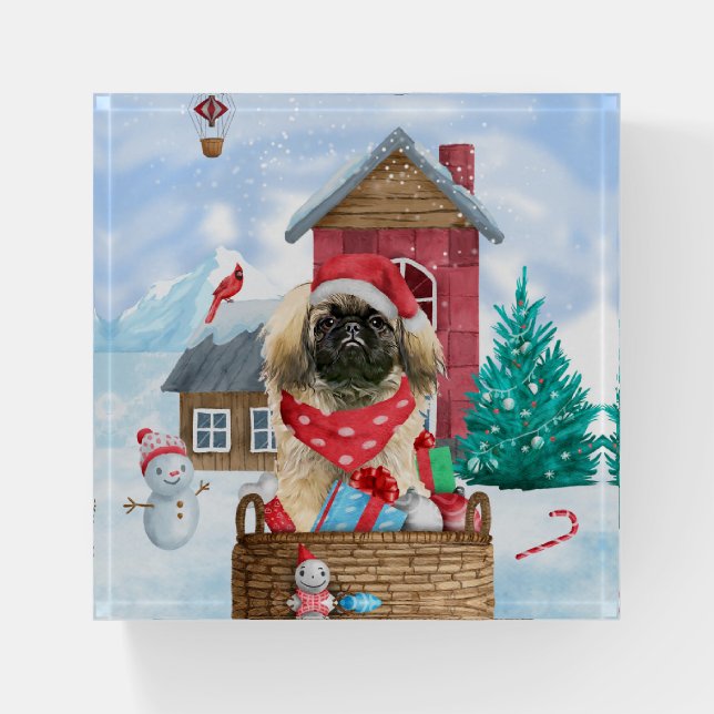 Pekingese Dog In snow Christmas Dog House Paperweight (Front)