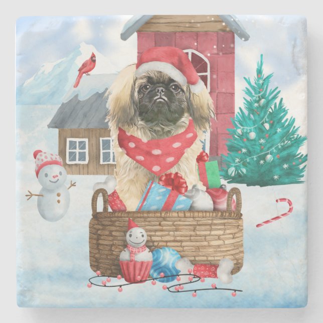 Pekingese Dog In snow Christmas Dog House Stone Coaster (Front)