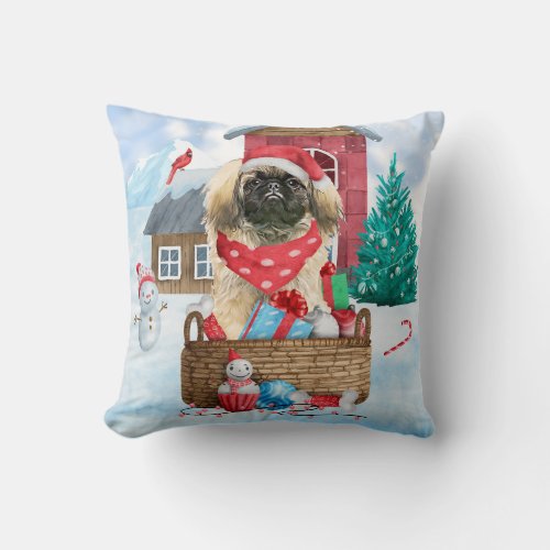 Pekingese Dog In snow Christmas Dog House Throw Pillow