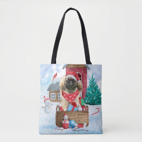 Pekingese Dog In snow Christmas Dog House Tote Bag