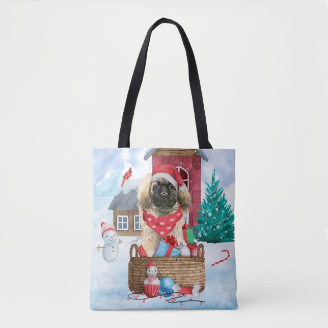 Pekingese Dog In snow Christmas Dog House Tote Bag (Front)