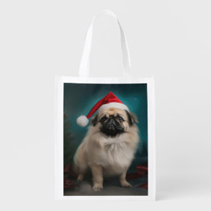 Pekingese Dog in Snow Christmas Grocery Bag
