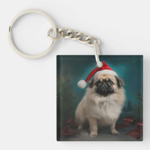 Pekingese Dog in Snow Christmas Keychain