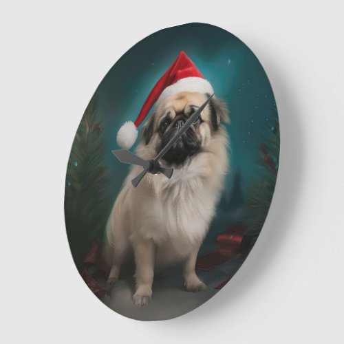 Pekingese Dog in Snow Christmas Large Clock