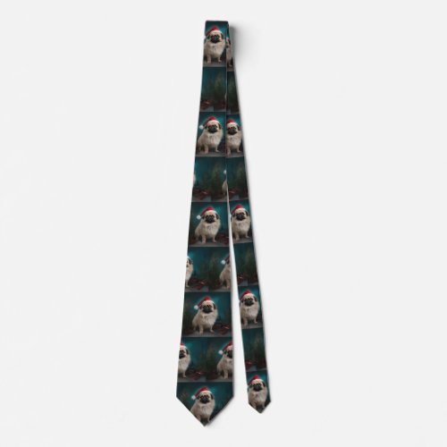 Pekingese Dog in Snow Christmas Neck Tie