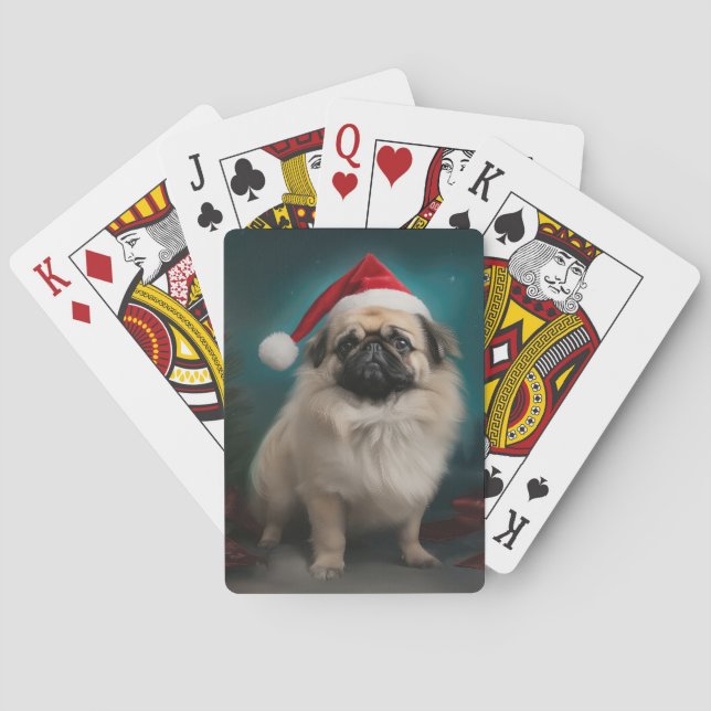 Pekingese Dog in Snow Christmas Poker Cards (Back)