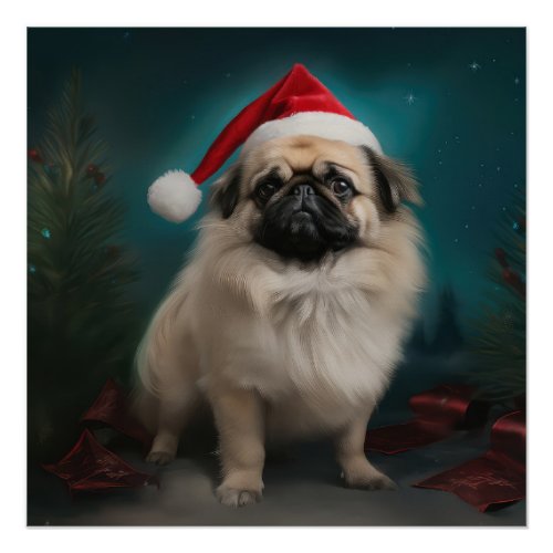 Pekingese Dog in Snow Christmas Poster