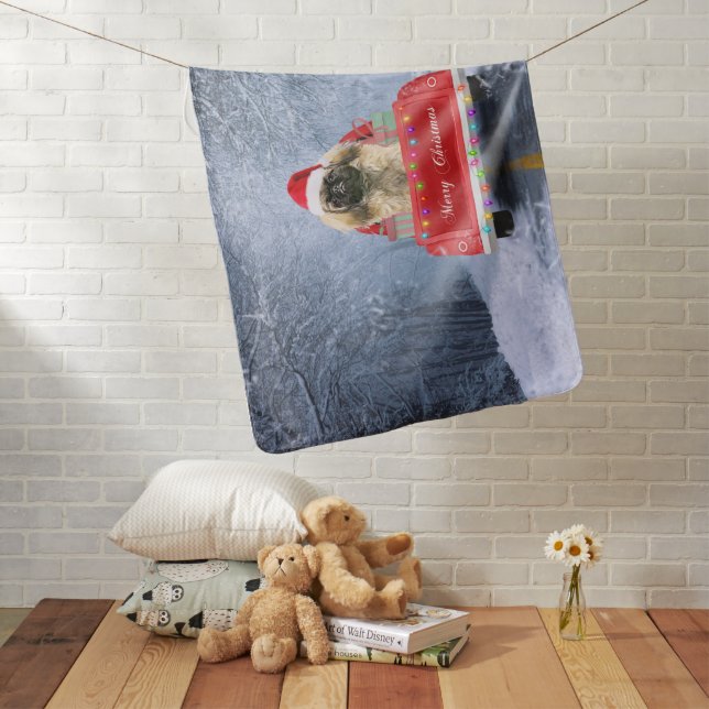 Pekingese Dog in Snow sitting in Christmas Truck  Baby Blanket (In Situ)