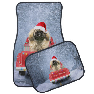 Pekingese Dog in Snow sitting in Christmas Truck C Car Floor Mat