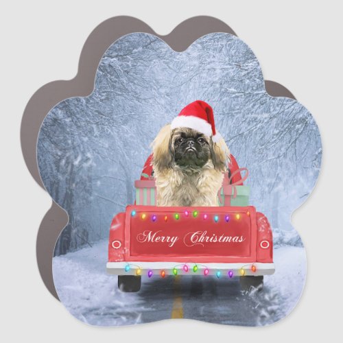 Pekingese Dog in Snow sitting in Christmas Truck Car Magnet