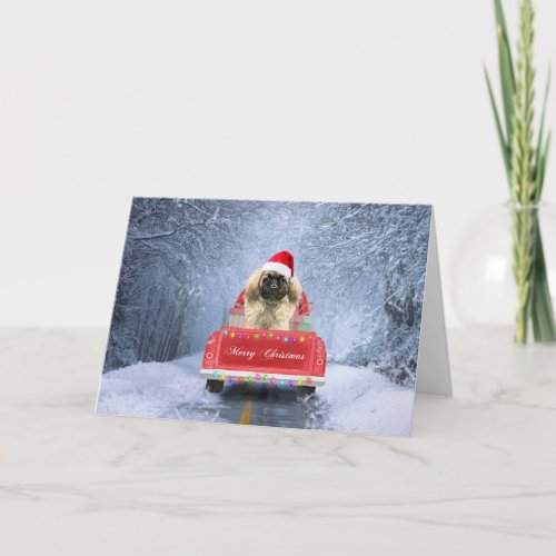 Pekingese Dog in Snow sitting in Christmas Truck Card