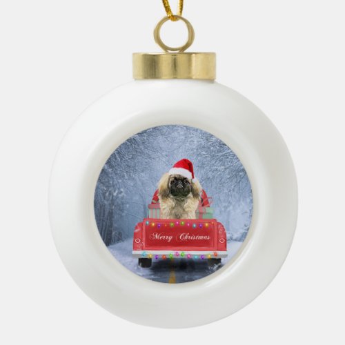 Pekingese Dog in Snow sitting in Christmas Truck  Ceramic Ball Christmas Ornament