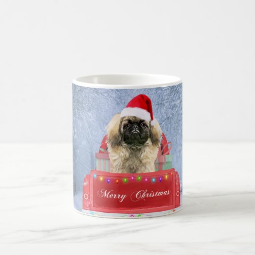 Pekingese Dog in Snow sitting in Christmas Truck  Coffee Mug