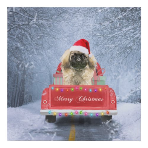 Pekingese Dog in Snow sitting in Christmas Truck  Faux Canvas Print