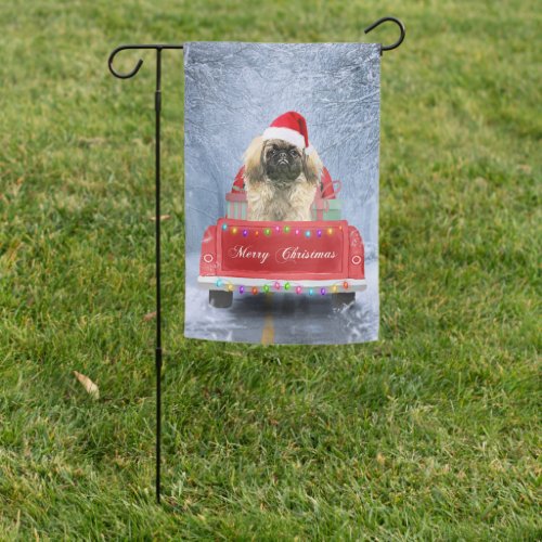 Pekingese Dog in Snow sitting in Christmas Truck  Garden Flag