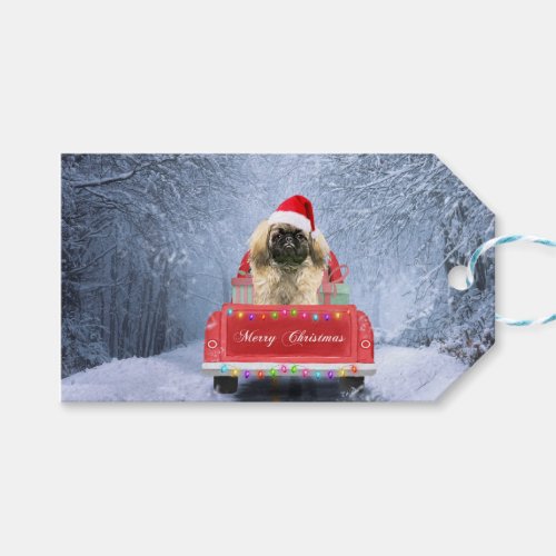 Pekingese Dog in Snow sitting in Christmas Truck  Gift Tags
