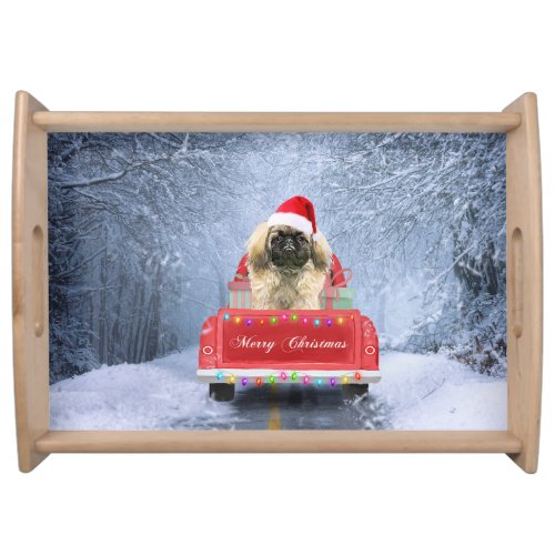Pekingese Dog in Snow sitting in Christmas Truck  Serving Tray