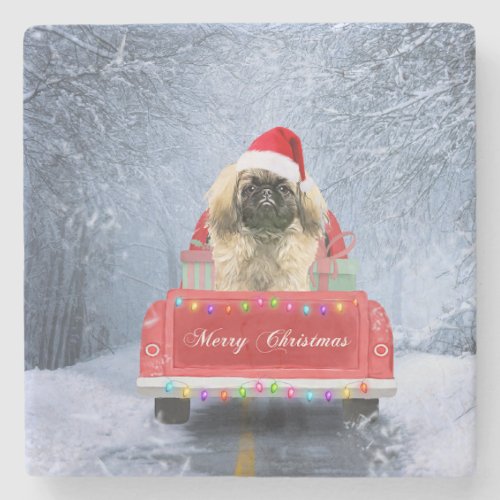 Pekingese Dog in Snow sitting in Christmas Truck  Stone Coaster