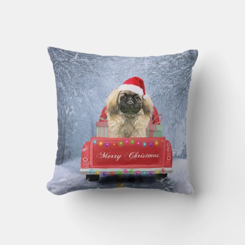 Pekingese Dog in Snow sitting in Christmas Truck  Throw Pillow