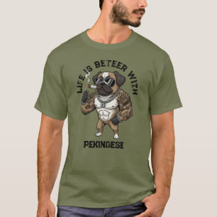 Pekingese Dog, muscular, tattooed, bodybuilder T-Shirt