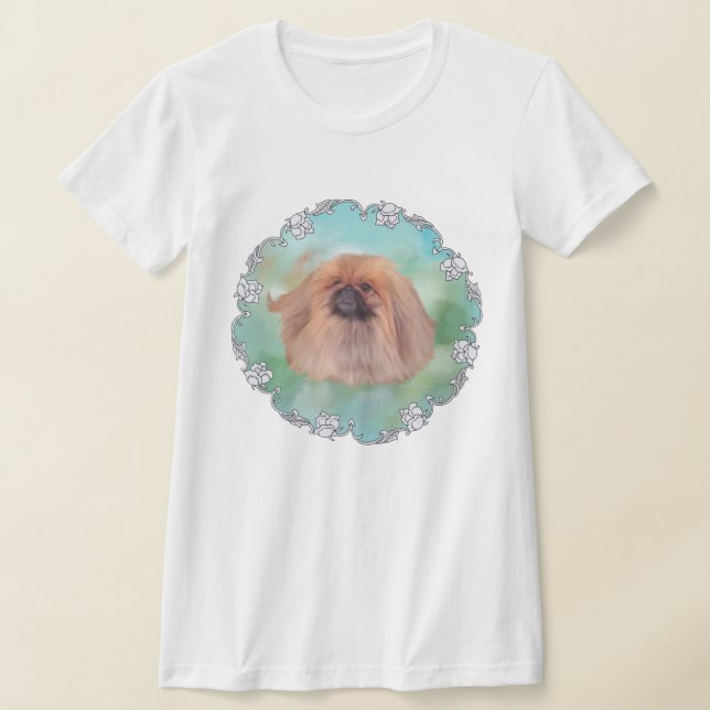 Pekingese Dog on Aquamarine Background T-Shirt (Laydown)