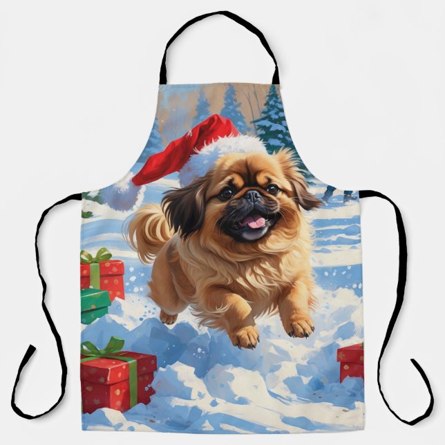 Pekingese Dog Running in Snow with Christmas Hat Apron (Front)