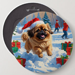 Pekingese Dog Running in Snow with Christmas Hat Button