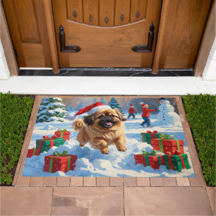 Pekingese Dog Running in Snow with Christmas Hat Doormat
