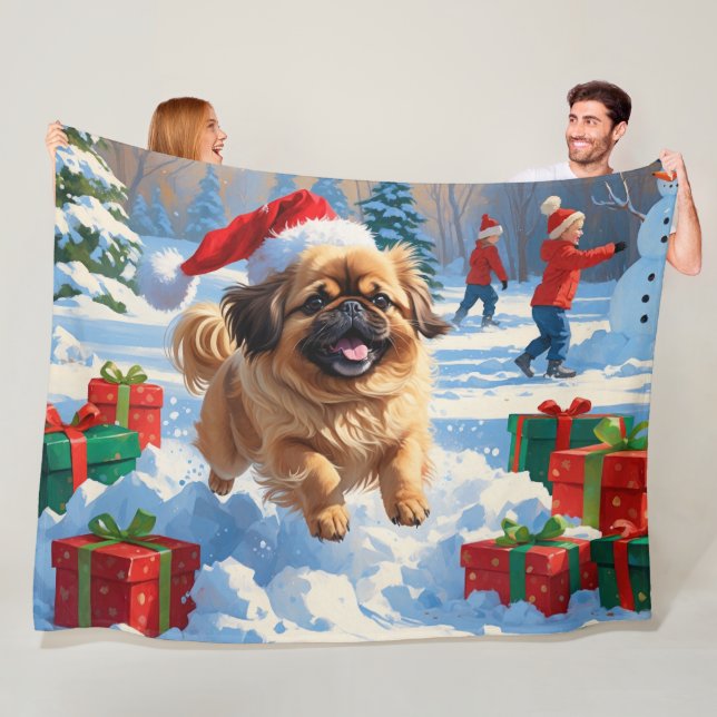 Pekingese Dog Running in Snow with Christmas Hat Fleece Blanket (In Situ)