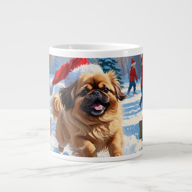 Pekingese Dog Running in Snow with Christmas Hat Giant Coffee Mug (Front)