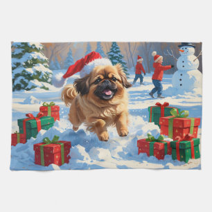 Pekingese Dog Running in Snow with Christmas Hat Kitchen Towel