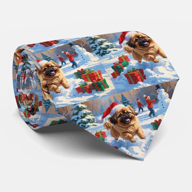 Pekingese Dog Running in Snow with Christmas Hat Neck Tie (Rolled)