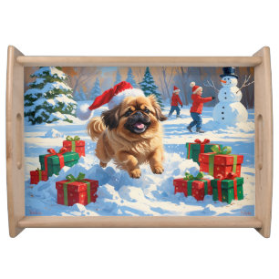 Pekingese Dog Running in Snow with Christmas Hat Serving Tray