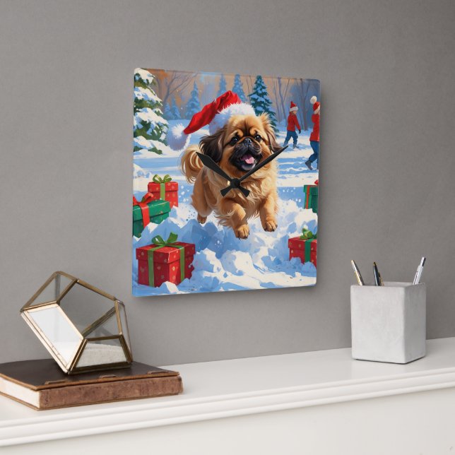 Pekingese Dog Running in Snow with Christmas Hat Square Wall Clock (Office)