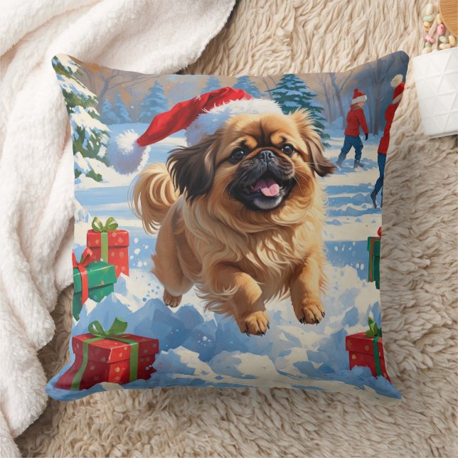 Pekingese Dog Running in Snow with Christmas Hat Throw Pillow (Blanket)