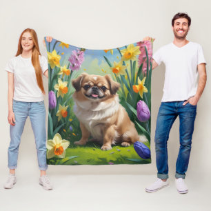 Pekingese Dog Spring Flowers Painting  Fleece Blanket