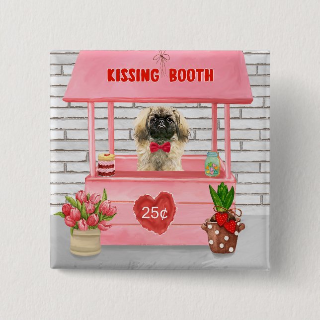 pekingese Dog Valentine's Day Kissing Booth Button (Front)